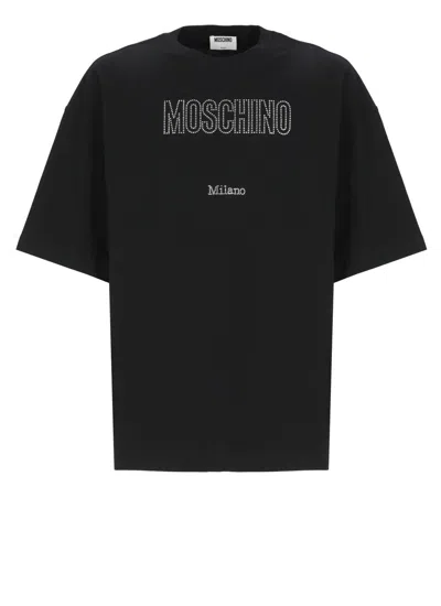Moschino Crystal Logo Crew Neck T-shirt With Short Sleeves In Black