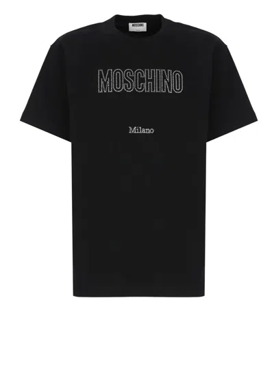 Moschino Crystal Logo Crew Neck T-shirt With Short Sleeves In Black