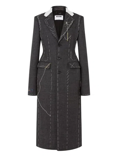 Moschino Embroidered Wool Canvas Coat In Gray