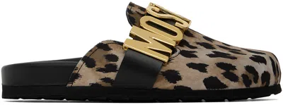 Moschino Tan & Black Leopard Logo Mules In 300 Brown Leopard