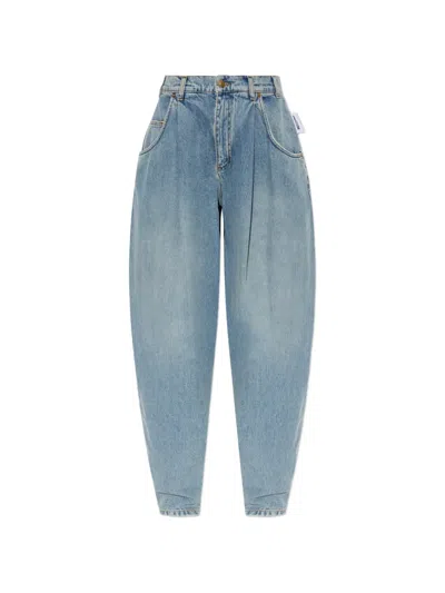 Moschino High-waisted Denim Pants With Tapered Legs And Pleat Detail In Blue