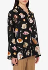 Moschino Tea Time Printed Silk Satin Shirt In Black