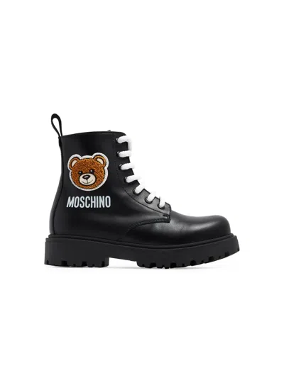 Moschino Kids' Teddy Ankle Leather Boots In Black