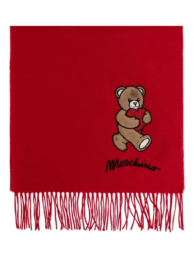 Moschino Teddy Bear-appliqué Wool Scarf In Red