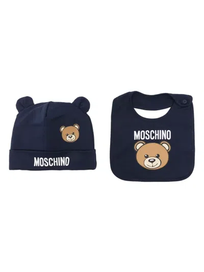 Moschino Babies' Teddy Bear Beanie Hat Set In 蓝色