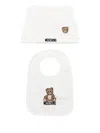 Moschino Teddy Bear Cotton Hat Bib Set In White