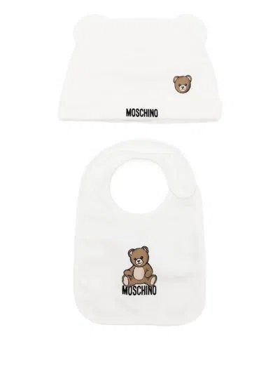 Moschino Babies' Teddy Bear Cotton Hat Bib Set In White
