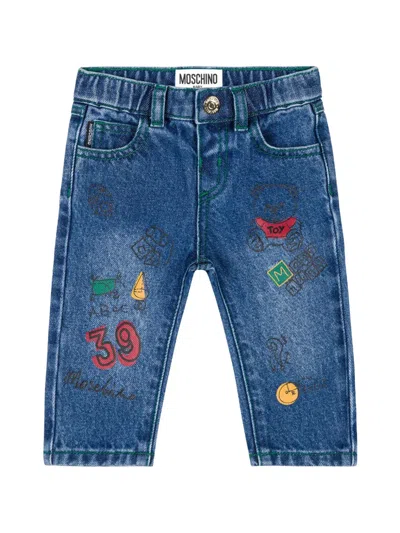 Moschino Babies' Teddy Bear Cotton Jeans In Blue