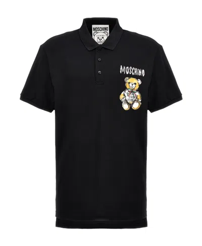 Moschino Teddy Bear Cotton Polo Shirt In Black