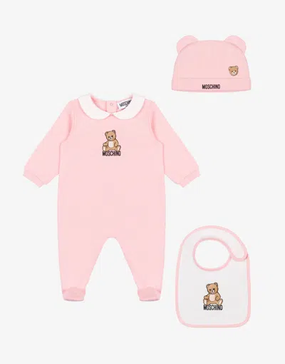 Moschino Babies'  Teddy Bear Cotton Romper, Hat And Bib Set In Pink