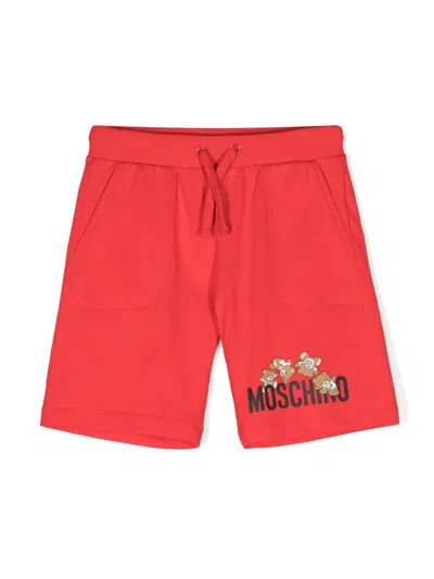 Moschino Kids' Teddy Bear Cotton Shorts In Red