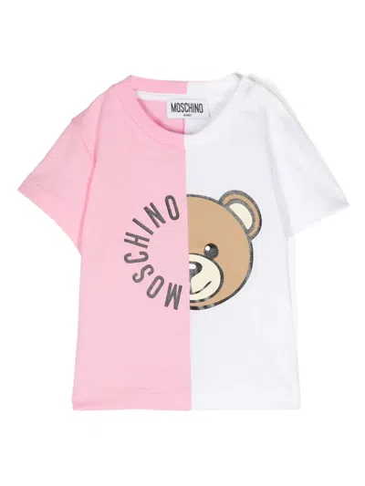Moschino Babies' Teddy Bear Cotton T-shirt In 粉色