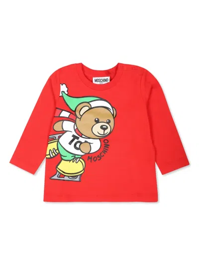 Moschino Babies' Teddy Bear Cotton T-shirt In Red