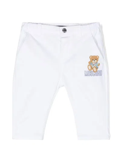 Moschino Babies' Teddy Bear Cotton Trousers In 白色