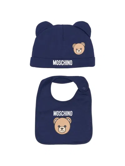Moschino Babies' Teddy Bear Ears Hat Bib Set In Blue