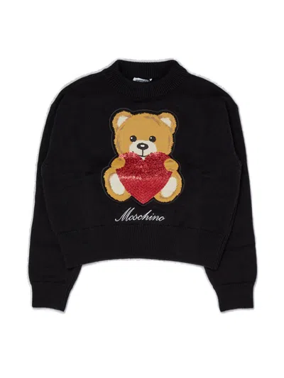 Moschino Kids' Heart Teddy Bear Crew-neck Jumper In Nero Black