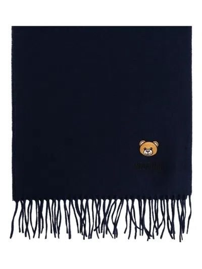 Moschino Teddy Bear-embroidered Fringed Scarf In Blue