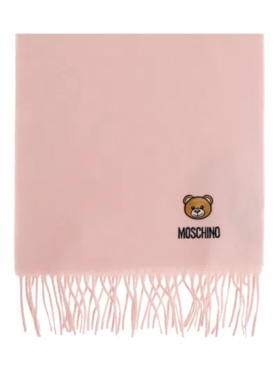 Moschino Teddy Bear-embroidered Fringed Scarf In Pink