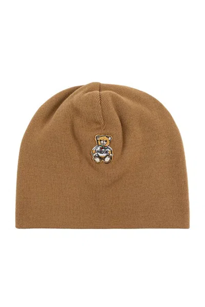 Moschino Teddy Bear Embroidered Beanie In Brown