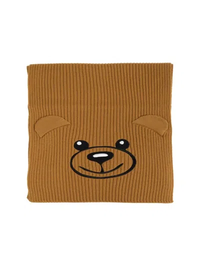 Moschino Teddy Bear Embroidered Knitted Scarf In Brown