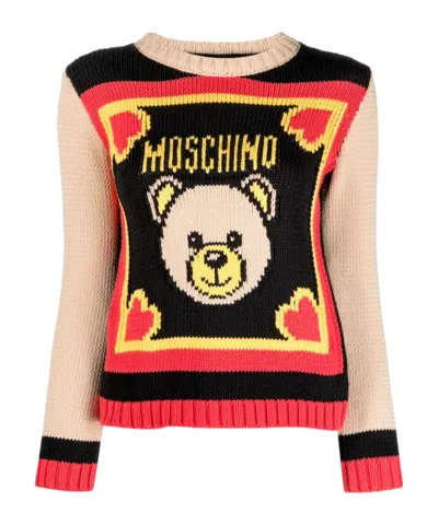 Moschino Teddy Bear-embroidered Ribbed Jumper In Nude