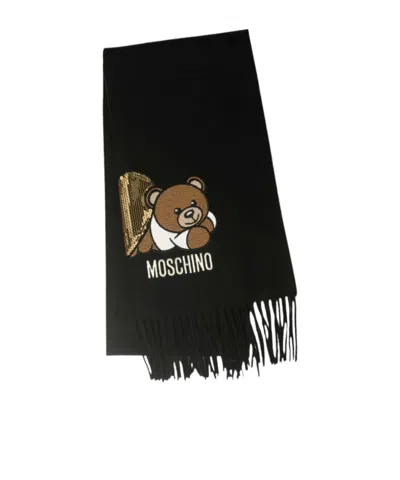 Moschino Teddy Bear-embroidered Scarf In Black