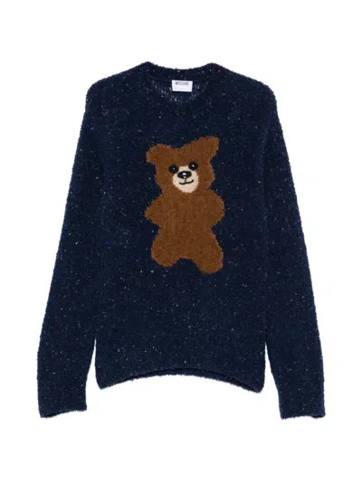 Moschino Bear Motif Crew Neck Casual Sweater In Metallic