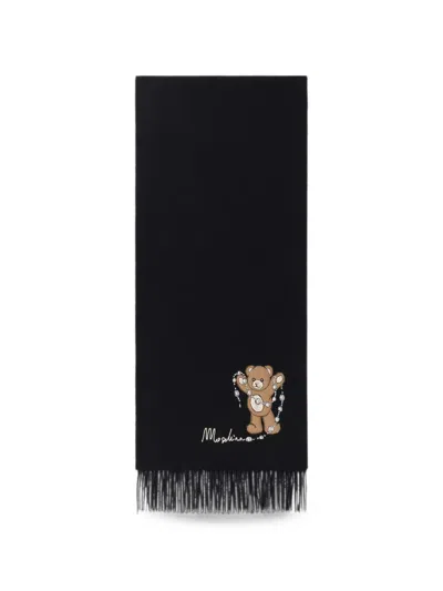 Moschino Teddy Bear Fringed Scarf In Black