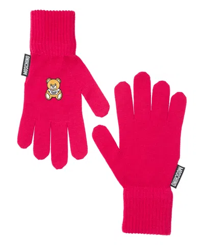 Moschino Teddy Bear Wool Gloves In Pink