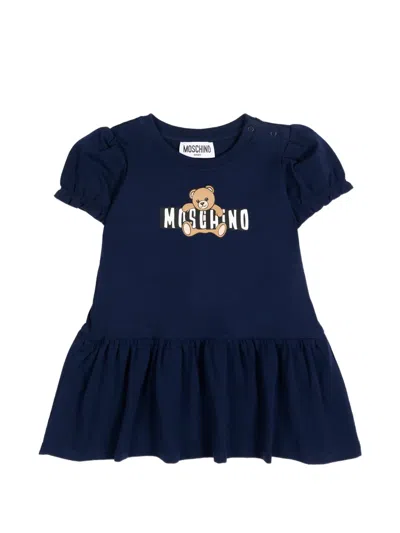 Moschino Babies' Teddy Bear Graphic Puff Sleeve Dress In Blue