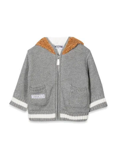 Moschino Teddy Bear Hooded Cardigan In Gray