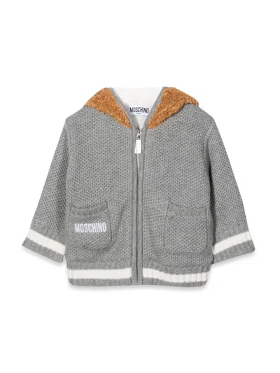 Moschino Babies' Teddy Bear-hood Knitted Jacket In Grigio