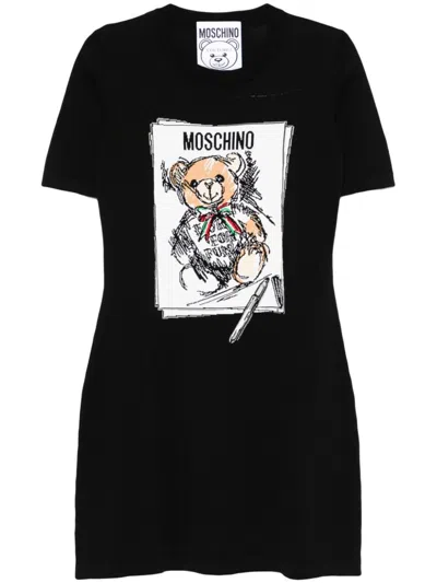 Moschino Printed Cotton Knit S/s Mini Dress In Black