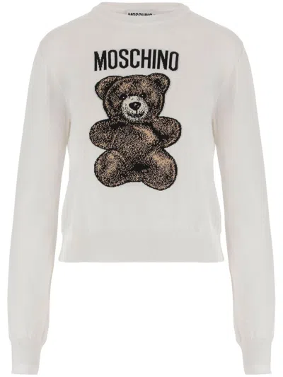Moschino Cotton Pullover With Teddy Pattern In White
