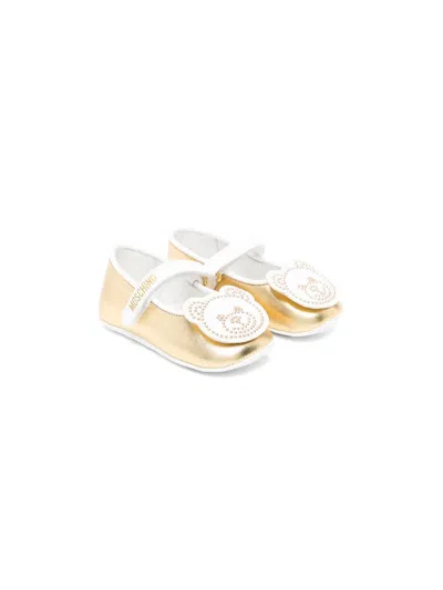 Moschino Babies' Teddy Bear Leather Ballerina Shoes In Gold