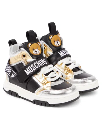 Moschino Kids' Teddy Bear Leather High-top Sneakers In Multicoloured
