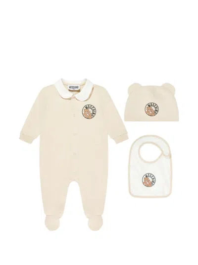Moschino Teddy Bear Logo Babygrow Set (set Of Three) In Neutral