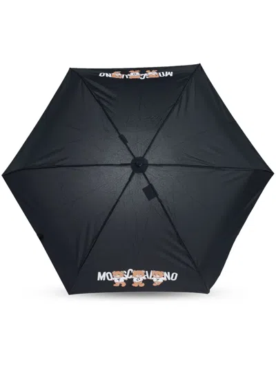 Moschino Teddy Bear-logo Print Compact Umbrella In Black