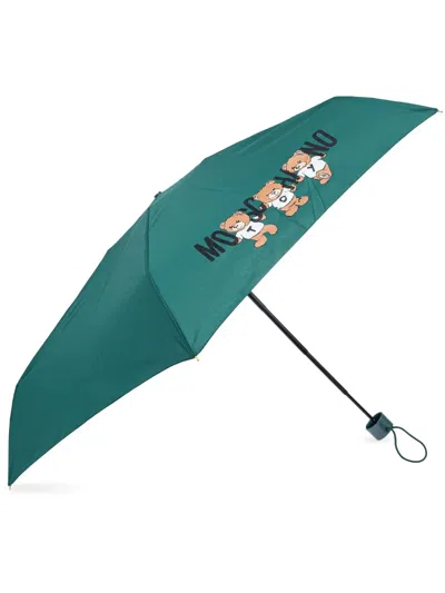 Moschino Teddy Bear-logo Print Compact Umbrella In Green