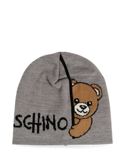 Moschino Teddy Bear Logo-intarsia Beanie Hat In Gray