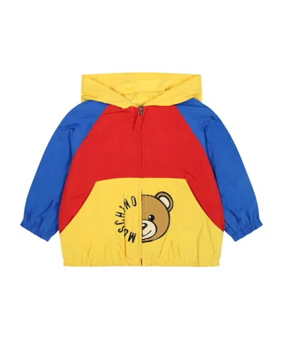 Moschino Teddy Bear-motif Colour-block Hooded Jacket In Yellow