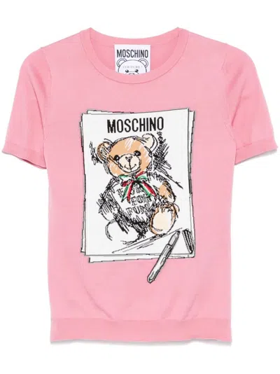 Moschino Teddy Bear-motif Knitted Top In Pink