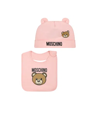 Moschino Teddy Bear-motif Pompom Beanie Set In Pink