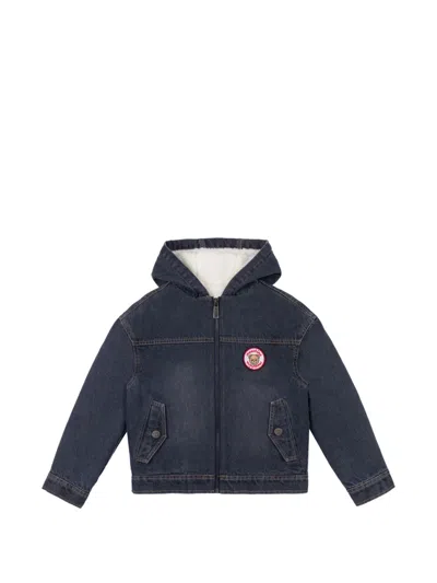 Moschino Kids' Teddy Bear Patch Hooded Denim Jacket In Blue