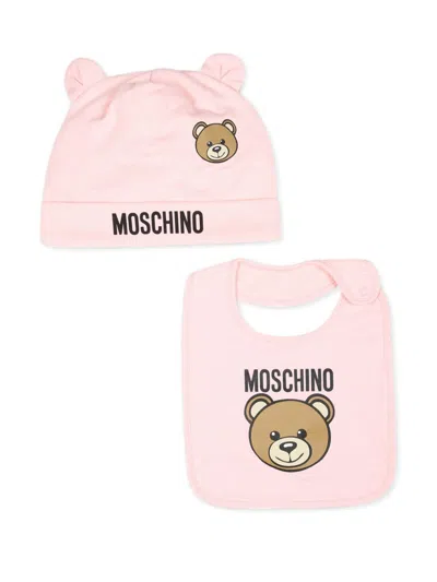 Moschino Babies' Two-piece Teddy Bear Hat And Bib In Pink