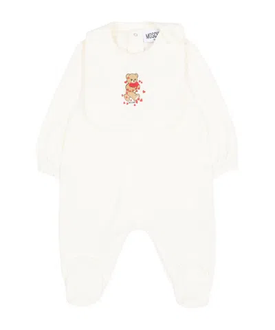 Moschino Babies' Teddy Bear Print Bib-detail Jumpsuit In White