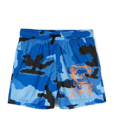 Moschino Kids' Teddy Bear-print Camouflage Swim Shorts In Blue