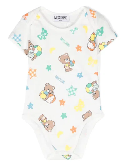 Moschino Babies' Teddy Bear-print Cotton Bodie In 白色