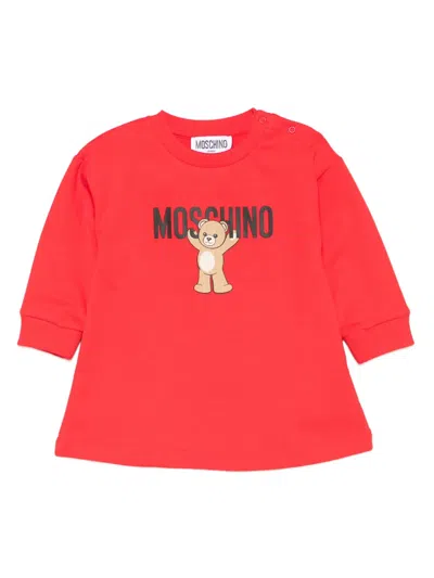 Moschino Babies' Teddy Bear-print Cotton Dress In Red