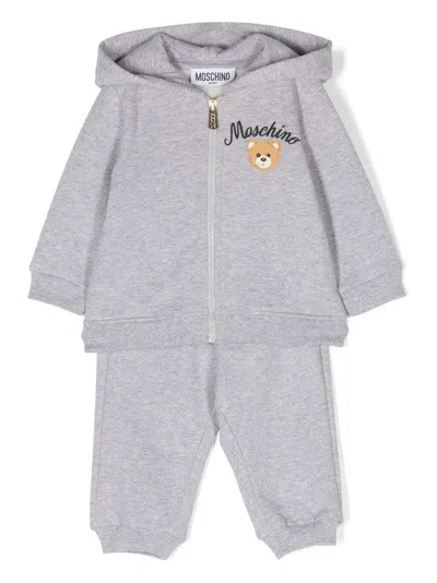 Moschino Babies' Teddy-bear Print Cotton Tracksuit Set In Grey